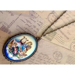 Signed Artisan .925 Sterling Silver Hand-Painted Porcelain Pendant Neoclassical